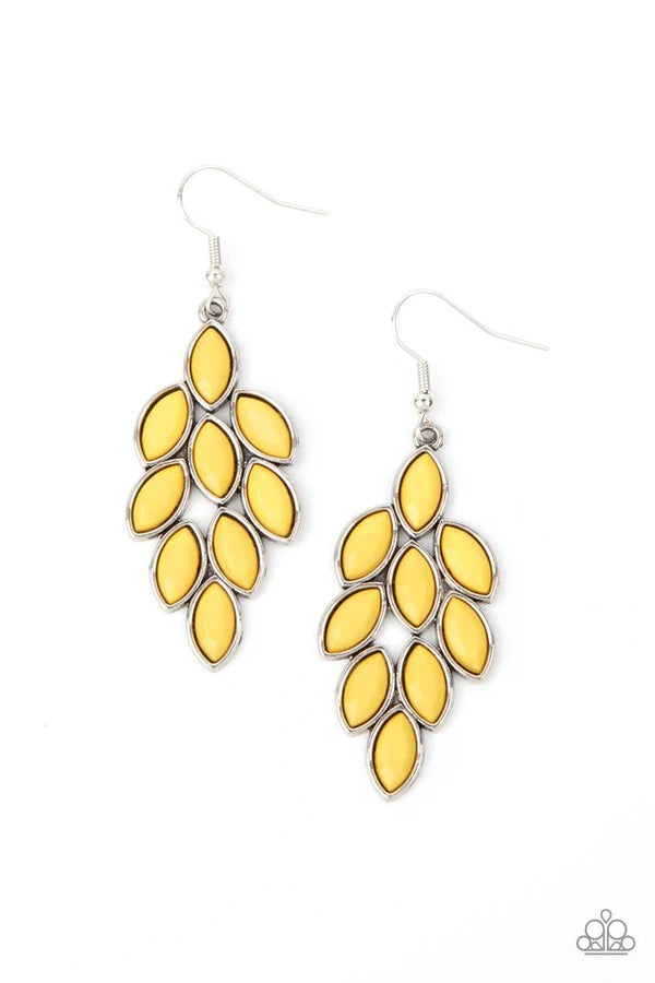 Flamboyant Foliage - Yellow Encased Faceted Illuminating Leafy Lure Earrings E#410