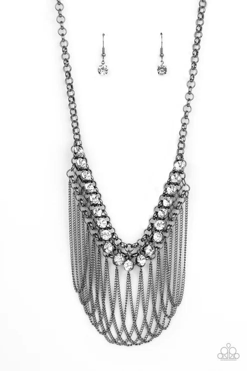Flaunt Your Fringe - Black Trio Interconnected Mesh Curtain Fringe Necklace N#1639