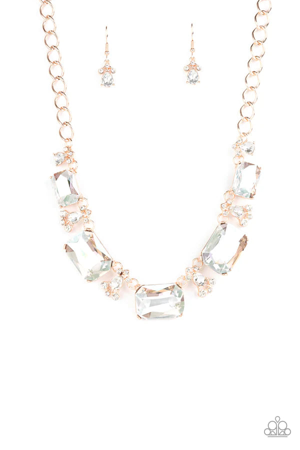 Flawlessly Famous - Oversized Multi Iridescent Jaw-Dropping Dotted Encrusted Emerald Cut Teardrop Necklace N#974