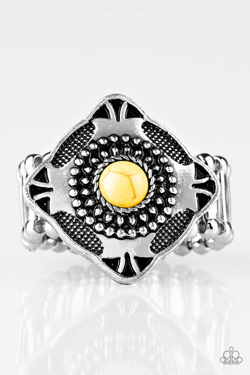 Four Corners Fashion - Yellow Embossed Studded Tilted Square Stone Tribal Ring R#1779