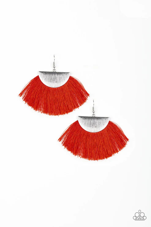 Fox Trap - Red/Silver Crescent Foxy Fan Flared Fringe Earrings E#1814