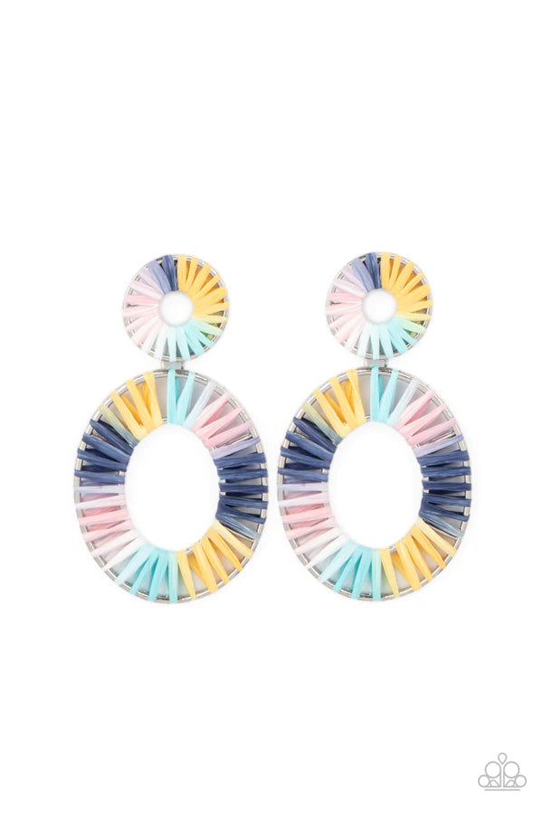 Foxy Flamenco - Oversized Multi Tie Dyed Oval/Circular Cerulean Wicker Accent Earrings E#717