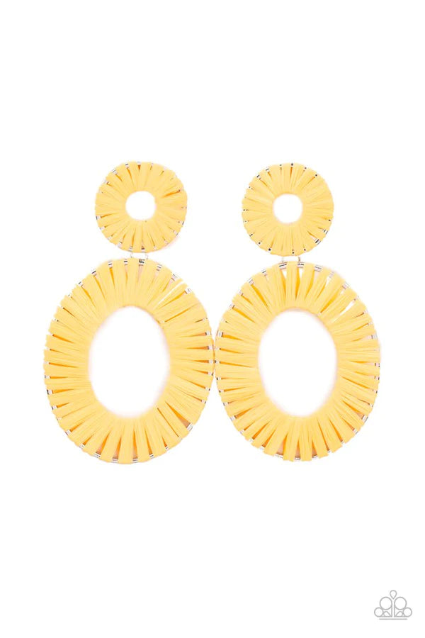 Foxy Flamenco - Oversized Yellow Marigold Oval/Circular Cerulean Wicker Accent Earrings E#969