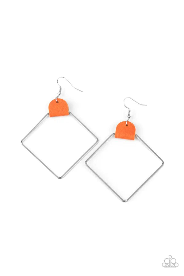 Friends of a LEATHER - Oversized Orange (Amberglow) Airy Geometric Lure Pinched Leather Hoop Earrings E#557