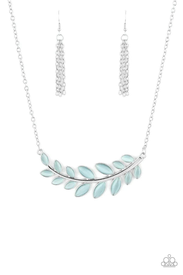 Frosted Foliage - Blue Curved 3D Leafy Branch Dotted Cat's Eye Moonstone Necklace N#1047