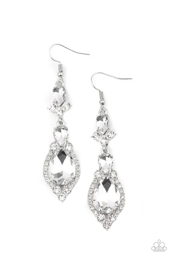 Fully Flauntable - White Round/Teardrop Encrusted Stacked Earrings E#1472