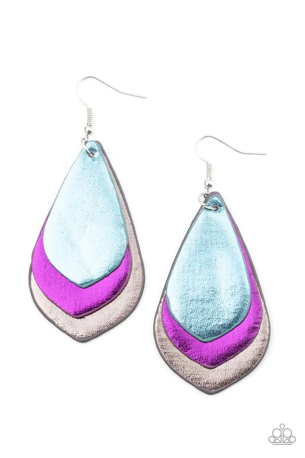 GLISTEN Up! - Metallic Multi (Blue/Purple/Gray) Shimmer Teardrop Leather Earrings E#1478