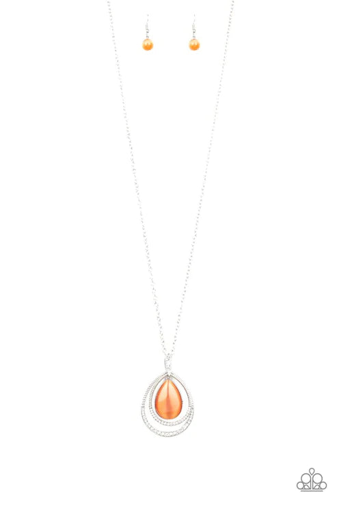 GLOW and Tell - Orange Cat's Eye Moonstone Encrusted "Swing" Teardrop Necklace N#2507