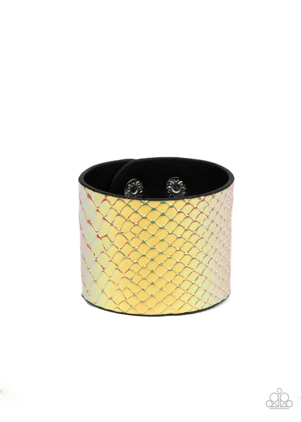 Galactic Galapagos - Oversized Multi/Yellow Metallic Iridescent Crocodile Textured Leather Bracelet B#745