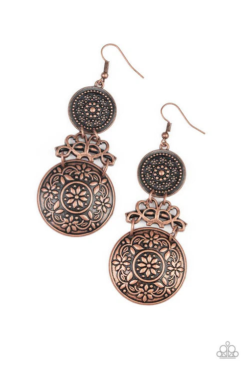 Garden Adventure - Oversized Copper Antique Embossed Studded Floral Vine Disc Earrings E#2244