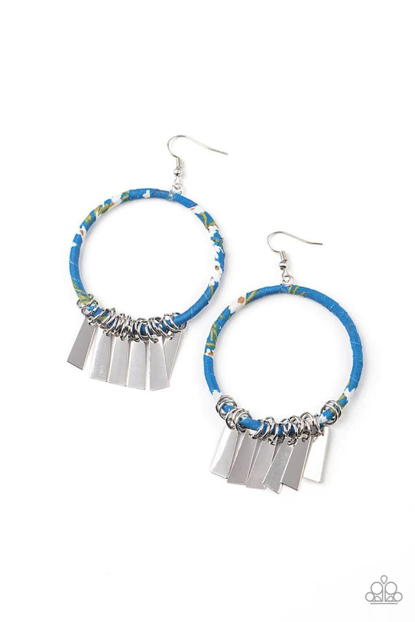 Garden Chimes - Oversized Blue (Blue/Black/Green/White) Flared Rectangular "Swing Plates" Floral Fabric Wrapped Hoop Fringe Earrings E#144