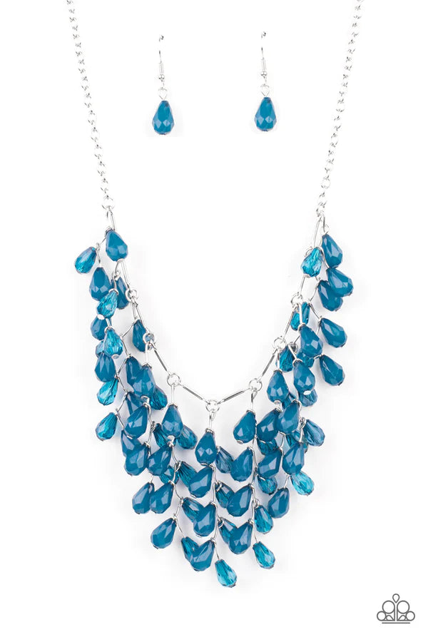 Garden Fairytale - Oversized Blue Mykonos Opaque Crystal Cluster Ethereally Leafy Fringe Teardrop Necklace N#047