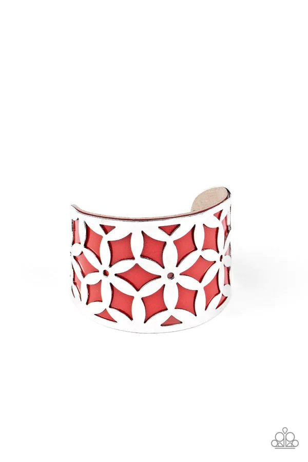 Garden Fiesta - Oversized Samba Red Stenciled 3D Daisy Peek Out Leather Cuff Bracelet B#753