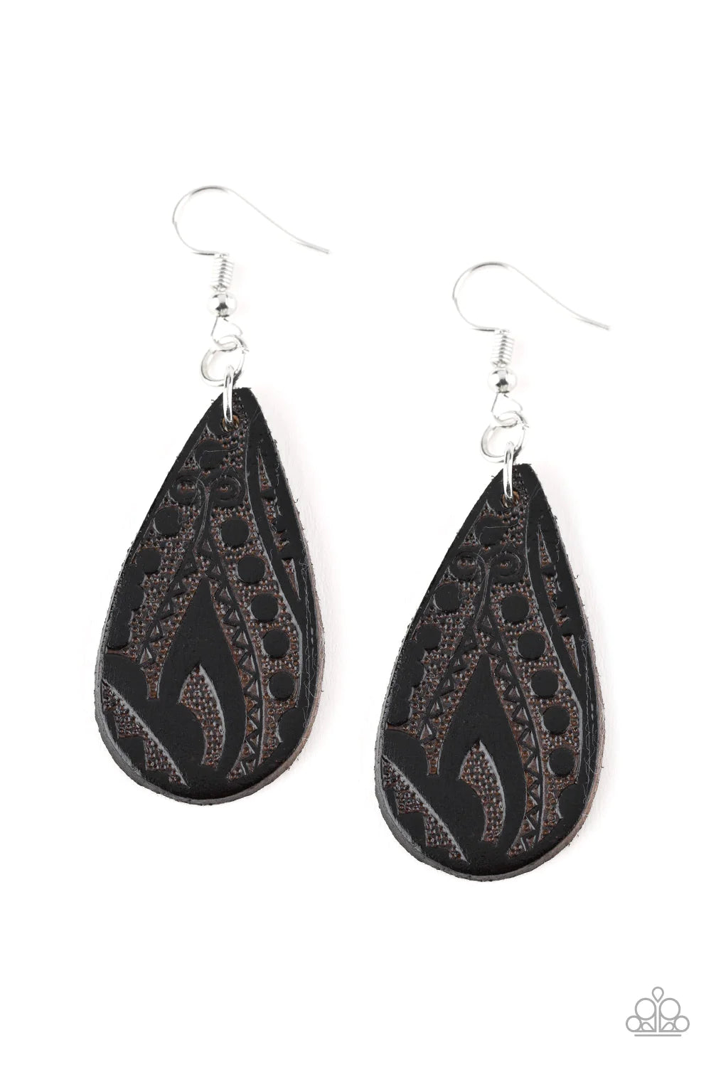 Get In The Groove - Stamped Black Paisley Leather Teardrop Earrings E#1447