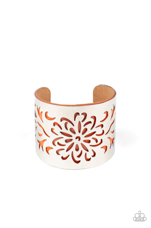 Get Your Bloom On - Oversized Orange/Silver Airy Stenciled Peek Out Floral Leather Cuff Bracelet B#2537