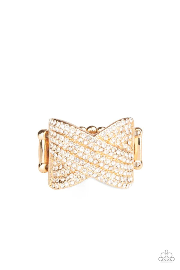 Girl Boss Glitter - Oversized Gold Dotted Rows White Encrusted Blinding Gunmetal Frames CrissCross Dramatic Ring R#1202