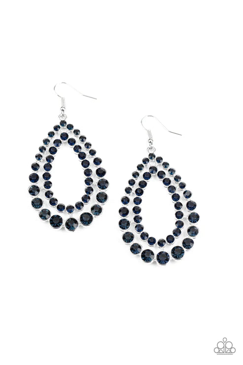Glacial Glaze - Oversized Blue Rows Of Blue Encrusted Coalesce Duo Blinding Teardrops Jaw-Dropping Dazzle Earrings E#2627