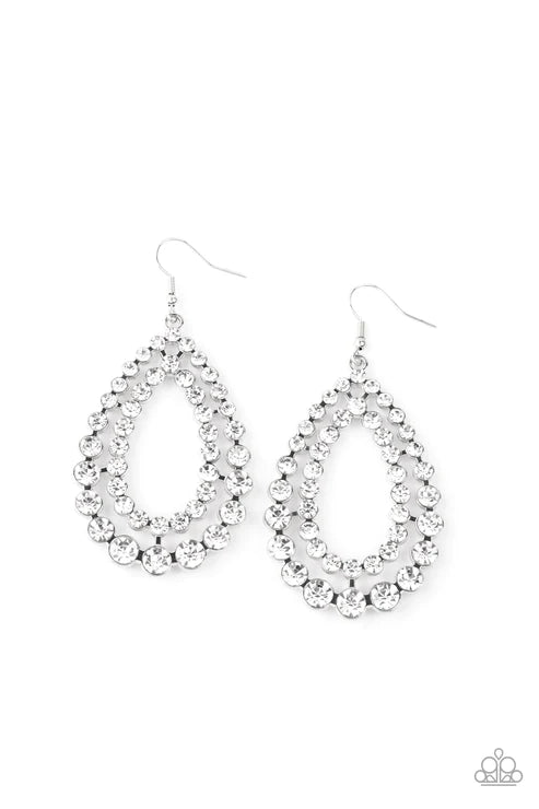 Glacial Glaze - Oversized White Rows Of White Encrusted Coalesce Duo Blinding Teardrops Jaw-Dropping Dazzle Earrings E#2626