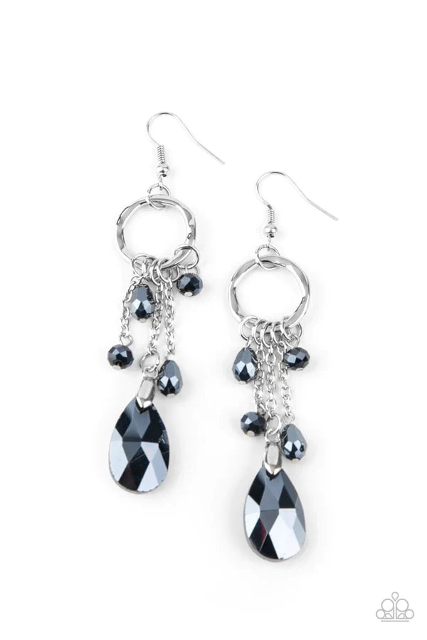 Glammed Up Goddess - Blue Metallic Mismatched Exaggerated Crystal Hammered Hoop Earrings E#1481