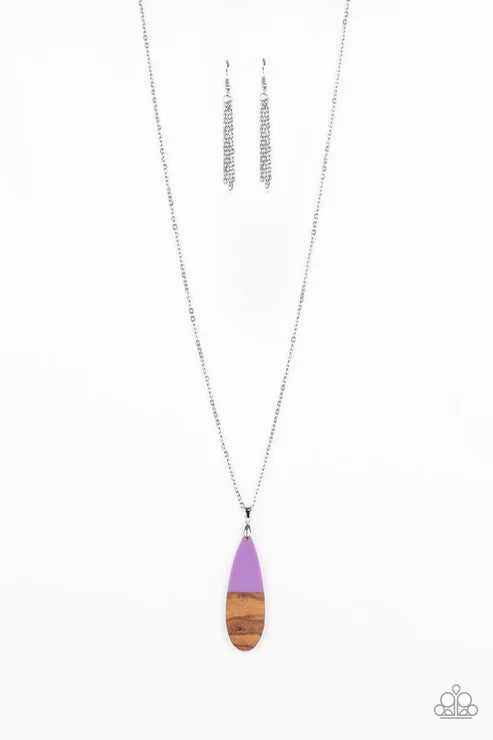Going Overboard - Purple Dipped Wooden Teardrop Pendant Necklace N#2158