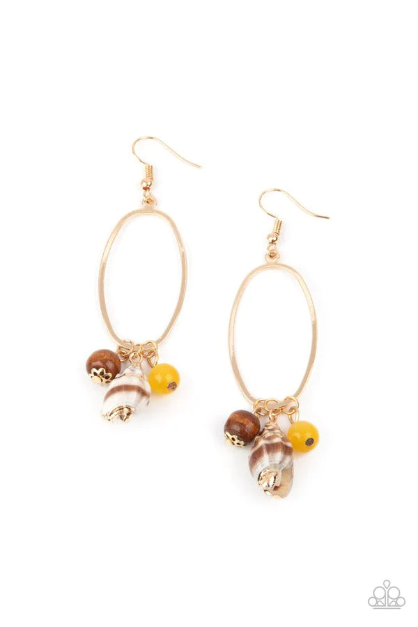 Golden Grotto - Oversized Yellow Oval Gilded Beach Seashell/Wooden/Cat's Eye Moonstone Fringe Earrings E#027