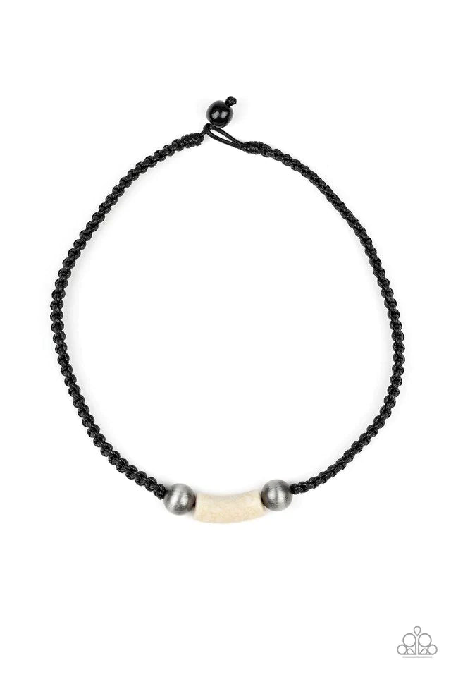 Gone Adventuring - Oversized Black/Gunmetal Cat's Eye Flanked Marble Braided Cord Button Loop Closure Urban Necklace N#1149