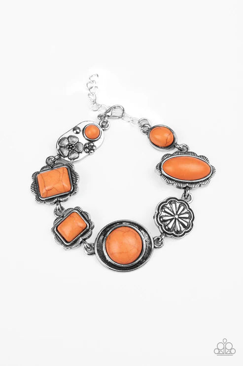 Gorgeously Groundskeeper - Orange Stone Decorative Floral Charm Bracelet B#1976
