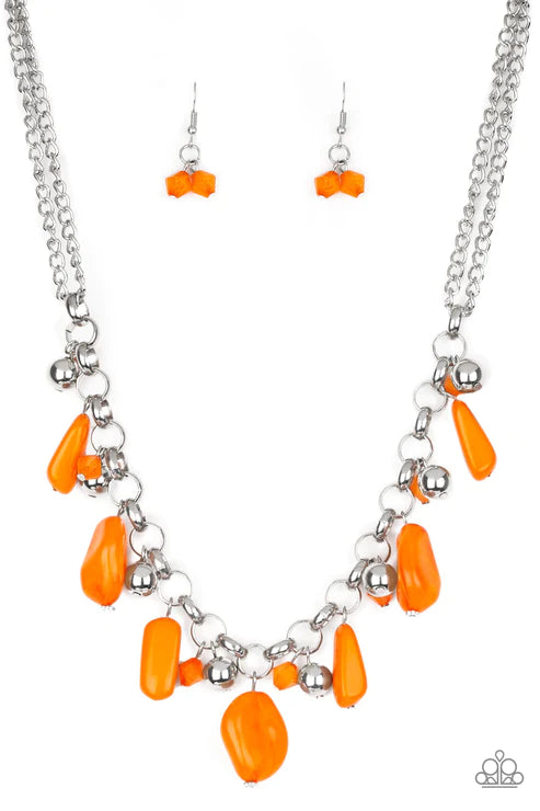 Grand Canyon Grotto - Orange (Turmeric) Polished/Cloudy Faux Rocks Trickle Dance Fringe Necklace N#2177