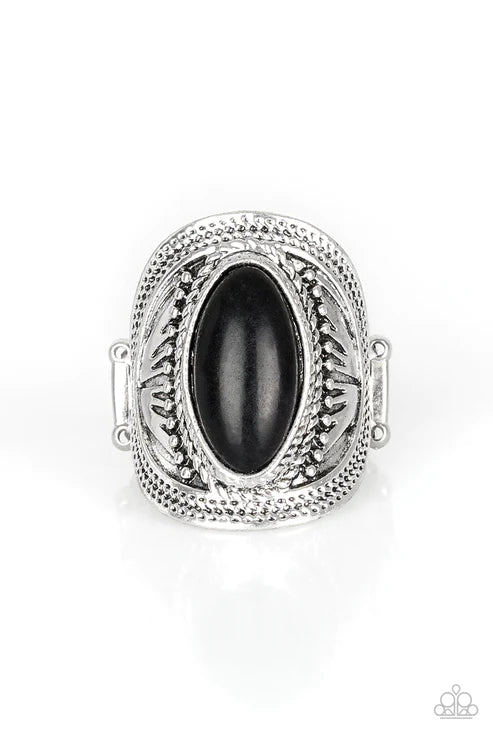 Ground RULER - Oversized Black Oval Studded Textured Rippled Marquise Stone Ring R#1756