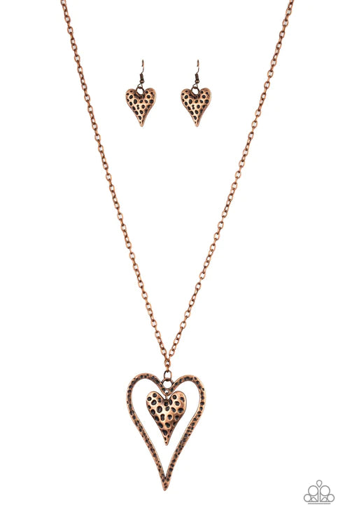 Hardened Hearts - Oversized Copper Hammered Antiqued Texture Mismatched 3D Heart Necklace N#2695