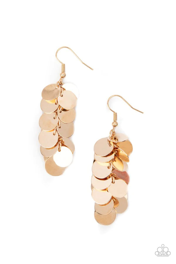 Hear Me Shimmer - Gold Trickle Discs Clustered Tassel Earrings E#428