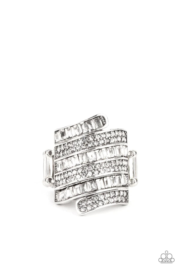 Hear Me UPROAR - Oversized White Dotted Encrusted Emerald Cut Stacked Ring R#870
