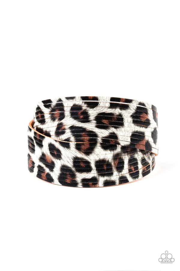 Hey GRRirl - Oversized White (White/Brown/Black ) Painted Wild Cheetah Thick Spliced Leather Bands Adjustable Snap Closure Bracelet B#760