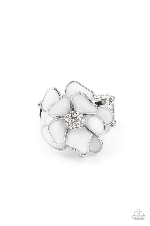 Hibiscus Holiday - Oversized White 3D Painted Colorful Petals White Encrusted Whimsically Flowering Ring R#2605
