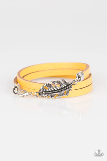 High Spirits - Yellow/Silver 3D Feather Charm Triple Wrap Leather Bracelet B#1264