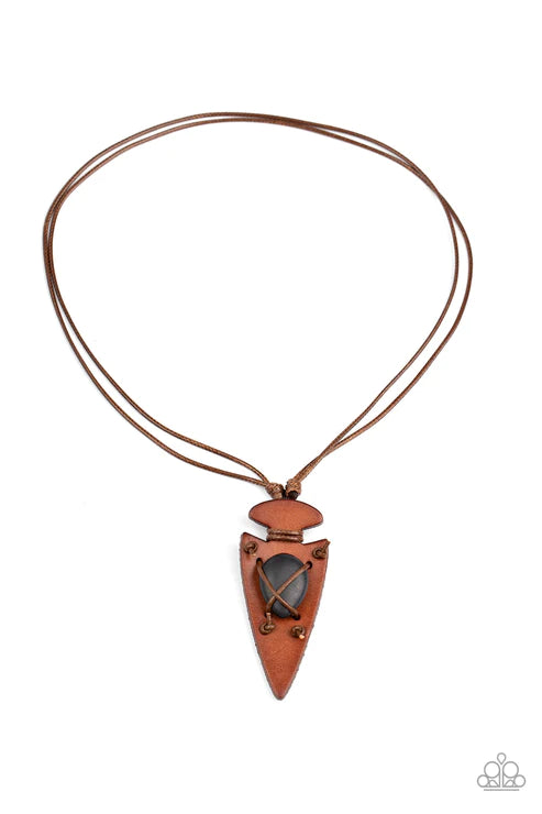 Hold Your ARROWHEAD Up High - Oversized Black/Brown 3D Arrowhead Knotted Crisscross Stone Accent Leather Sliding Knot Closure Urban Necklace N#1733