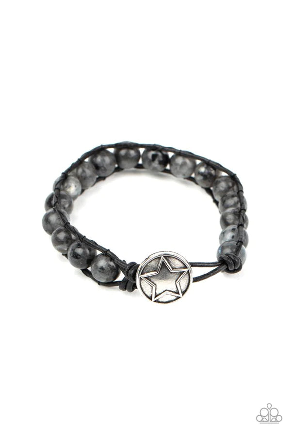 Homespun Stones - Black Embossed Star Button Speckled Stone Cord Button Loop Bracelet B#806