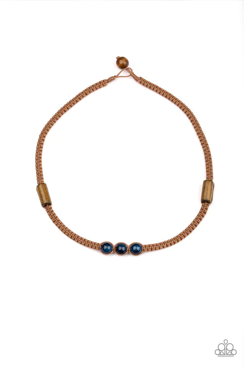 Honolulu Hustler - Blue Glassy Wood Knotted Braided Cord Accent Button Loop Closure Urban Necklace N#2028