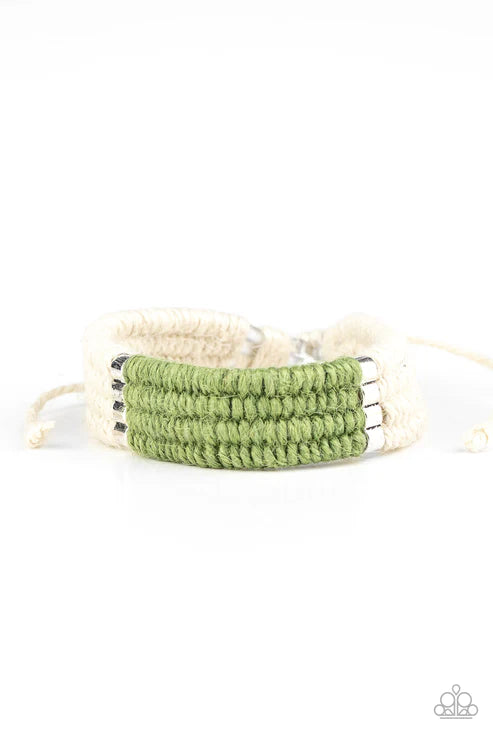 Hot Cross BUNGEE - Green/White Metallic Twine Knotted Cord Sliding Knot Urban Bracelet B#1569