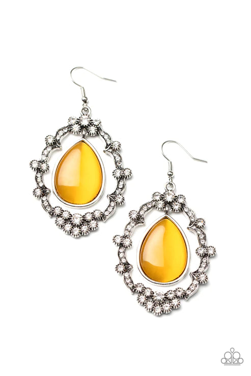 Icy Eden - Oversized Yellow Ornate Cat's Eye Moonstone Encrusted Teardrop Lure Earrings E#2213