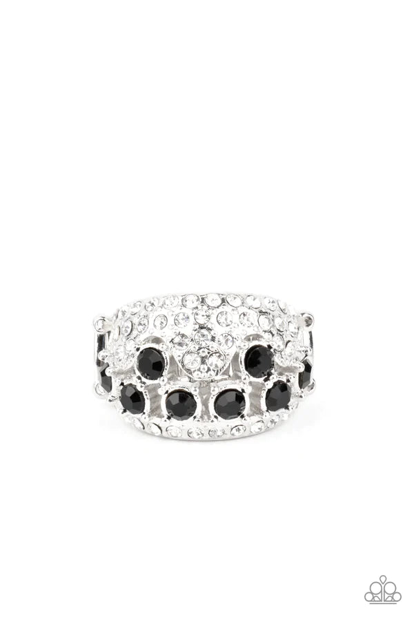 Imperial Incandescence - Oversized Black Encased Silver Fittings Cluster Black Encrusted Coalesce Airy Haphazard White Encrusted Modern Fashion Ring R#1183