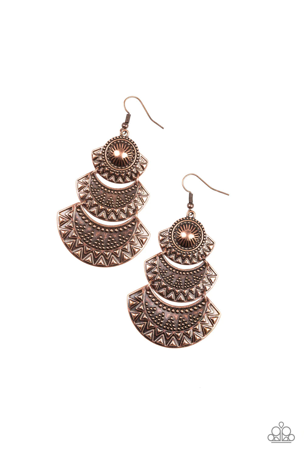Impressively Empress - Oversized Copper Dotted/Embossed Triangular Plate Tribal Earrings E#1273