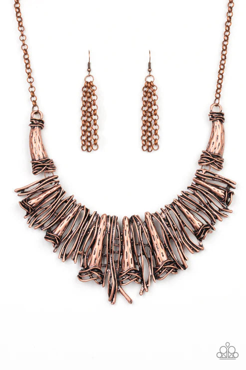 In The MANE-stream - Oversized Copper Abstract Collision Hammered Bar Accent industrial Necklace N#1619