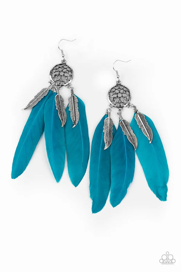 In Your Wildest DREAM-CATCHERS - Oversized Blue Antiqued Feathers/Feathers Charm Wildly Dream-Catcher Ornate Earrings E#1463