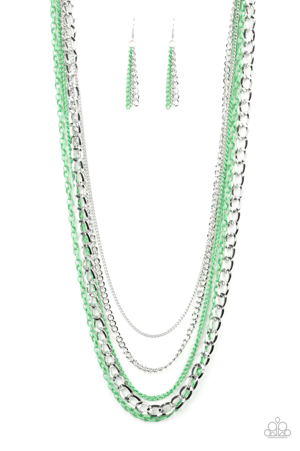 Industrial Vibrance - Vibrant Green/Silver Collision Mismatched Layer Chains Industrial Necklace N#281