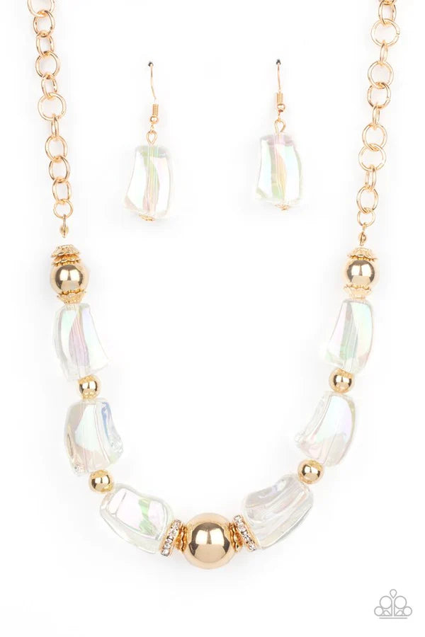 Iridescently Ice Queen - Oversized Gold Glassy Iridescent (Glacial Catches/Reflects Light) Mismatched Asymmetrical Scalloped Encrusted Accent Rings Necklace N#884