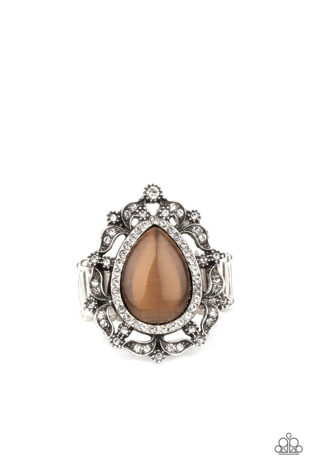 Iridescently Icy - Oversized Brown Dotted White Encrusted Leafy Frames Nestle Cat's Eye Moonstone Teardrop Center Regal Centerpiece Ring R#822