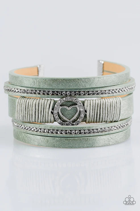 It Takes Heart - Green Spliced Metallic Shimmer 3D Heart Encrusted Knotted Cord Leather Bracelet B#1703