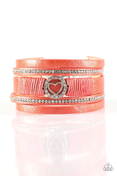 It Takes Heart - Orange (Coral) Spliced Metallic Shimmer 3D Heart Encrusted Knotted Cord Leather Bracelet B#1701
