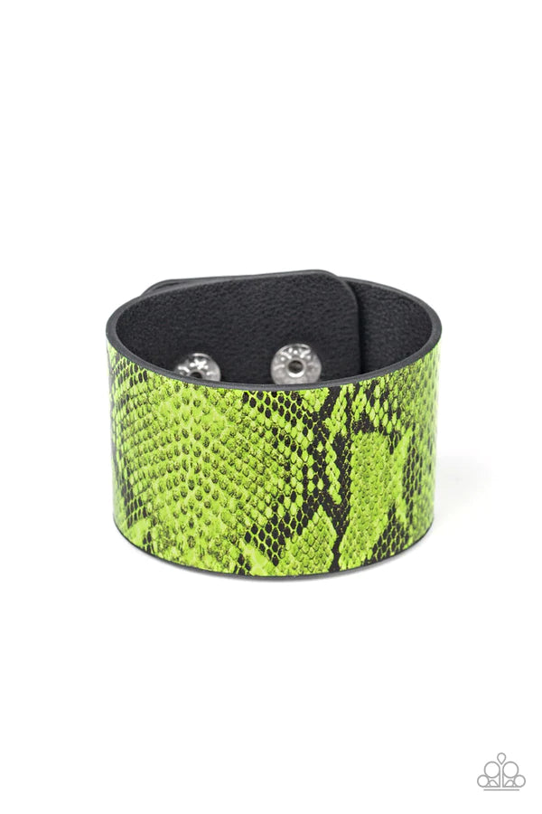 Its a Jungle Out There - Neon Green Python Print Leather Wrap Wild Look Adjustable Snap Closure Bracelet B#118